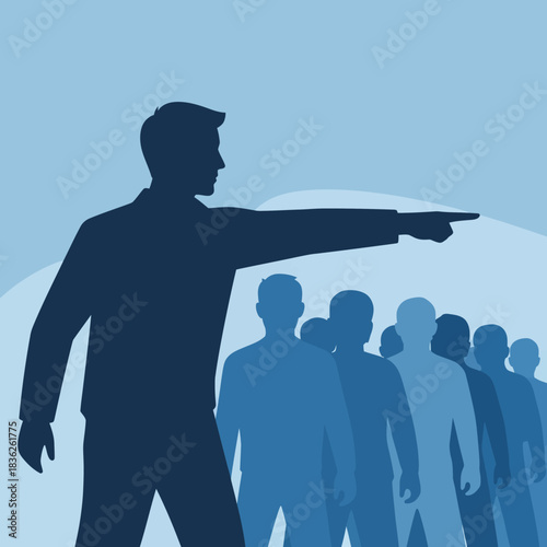 Silhouette of a business leader pointing the way for his team.