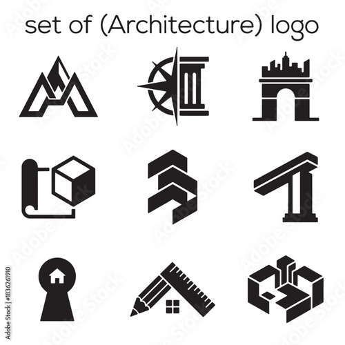Set of abstract, geometric architecture and construction logo vector icons for design, building, and engineering projects. Modern, clean concept.