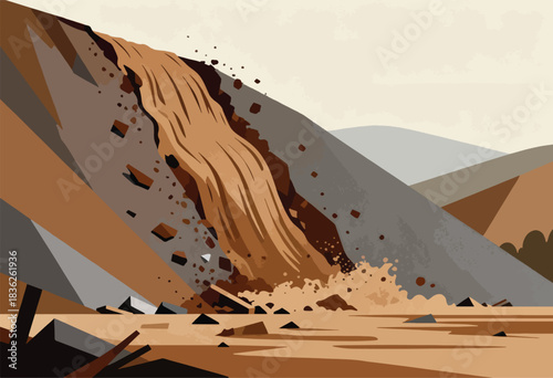 Stylized illustration depicts a landslide cascading down a slope, rocks, soil and debris mixing