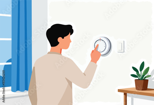 An illustration of a person adjusting a circular thermostat on a wall. A plant on a table is near