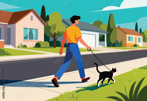 A person walks a black and white cat on a leash in a suburban neighborhood. Houses, trees, and sky