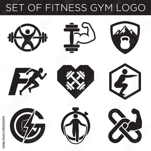 Dynamic Fitness and Gym Logos Vector Collection: Modern Monochrome Icons for Workout Sports Health Training Branding.