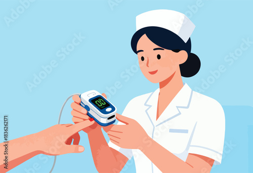 A nurse wearing white scrubs and cap, using a pulse oximeter on a patient's finger, medical care