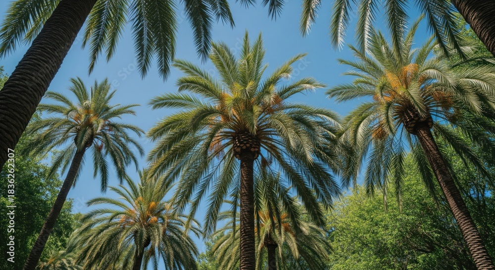 Obraz premium Low-angle view of several tall palm trees with lush green fronds against a blue sky