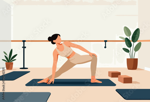 A woman in a yoga pose in a bright room with mats, plants, and exercise props. Interior scene