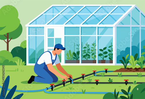 A person in a blue jumpsuit kneeling in a garden, assembling irrigation near a greenhouse