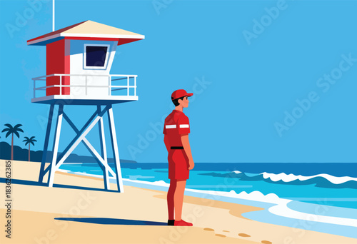 A lifeguard stands on a sandy beach, observing the ocean. A lifeguard tower is behind him with palm trees nearby