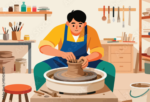 A person in an apron works at a pottery wheel, shaping clay in a workshop full of tools and shelves