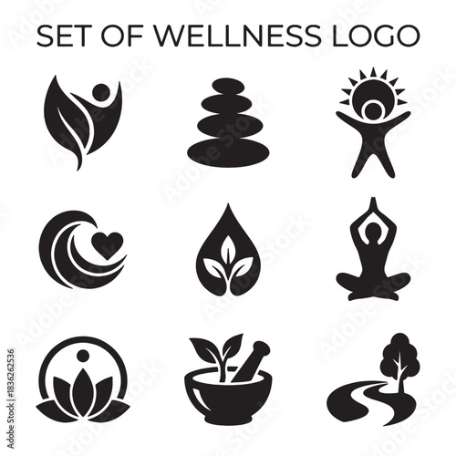 A set of wellness logo icons in black silhouette, featuring nature, health, yoga, and meditation elements, a holistic vector collection for tranquil designs.
