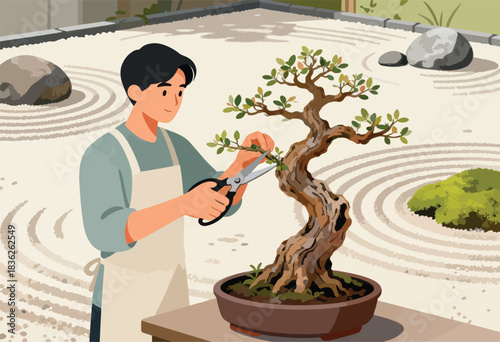 A person prunes a bonsai tree with shears. A Zen garden setting with sand patterns and stones is in the background