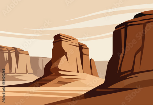 Stylized illustration of a desert landscape featuring mesas and canyons. Brown, tan, and cream tones evoke a warm, dry environment