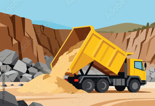 A yellow dump truck empties its load of sand in a quarry, next to a rock pile. The sky is blue