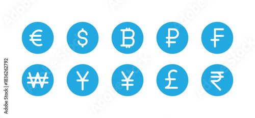 Global currency blue icon set. Euro, dollar, bitcoin - cryptocurrency, russian ruble, franc, won, yuan, yen, pound sterling, rupee. World money. Round shape. Editable stroke. Vector illustration.