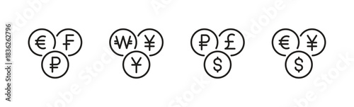 Global currency black line icon set. Euro, dollar, russian ruble, franc, won, yuan, yen, pound sterling. World money. Round shape. Editable stroke. Vector illustration. Isolated on a white background.