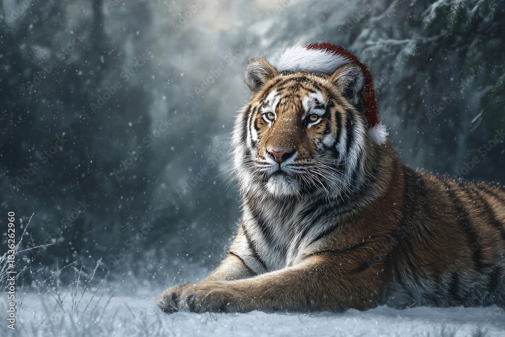 Obraz premium xmas animal tiger with hat in the snow, winter, celebrate, christmas, christian, x-mas, noel, nativity, holiday, photorealistic