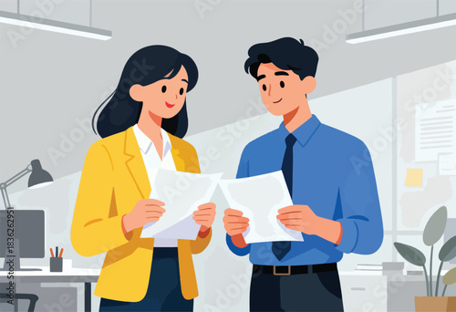 A woman in a yellow jacket and a man in a blue shirt discuss documents in a modern office