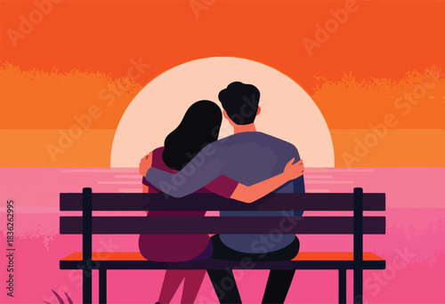 A couple embraces on a bench overlooking the sunset, the sky painted in warm hues of orange and pink