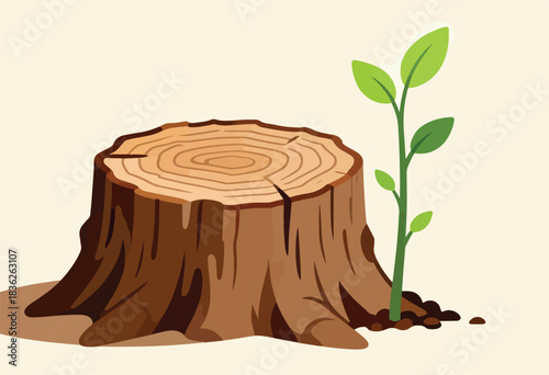 Illustration of a tree stump next to a small plant with green leaves, symbolizing new life