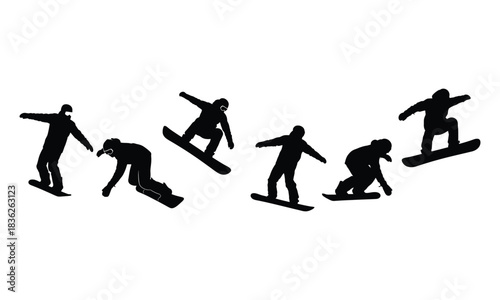 Dynamic black silhouettes of snowboarders in various action poses on white.