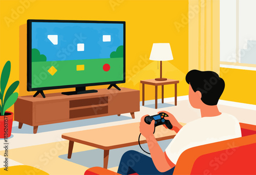 Illustration depicts a person playing a video game on a TV. The scene is of a living room with a couch and a lamp