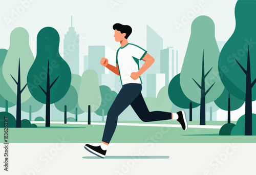 A man runs in a park with stylized trees, a path, and city skyline in the background, promoting health