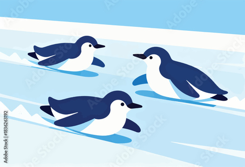 A stylized illustration features three penguins sliding across a snow-covered landscape with a blue sky background