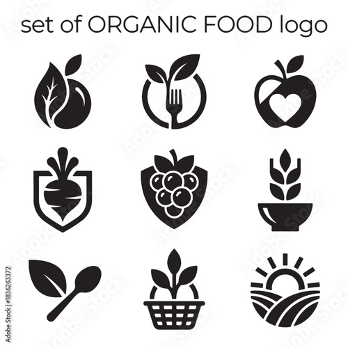 Set of minimalist organic food logo icons for healthy, natural, vegan, and vegetarian brands, promoting a sustainable farm-to-table eco-friendly lifestyle.