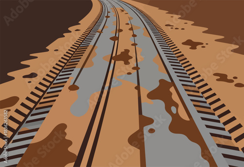 Abstract illustration depicting railway tracks through muddy terrain, with varying shades of brown and gray