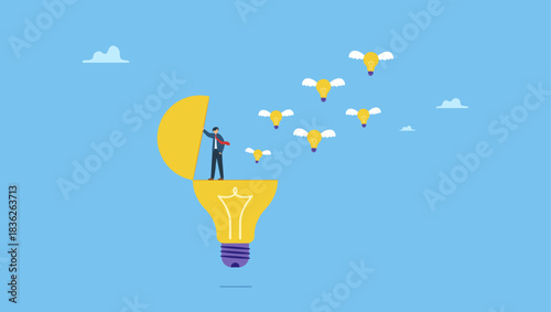 Businessman open lightbulb to develop and generate new ideas. Idea generation, creativity or innovation to inspire new ideas, invention and knowledge, imagination or wisdom for solution.