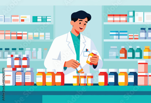 A pharmacist in a white coat examines medicine bottles, set in a pharmacy with shelves of drugs