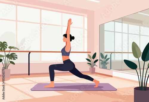 A woman is in a yoga pose in a sunlit studio, with plants and large windows