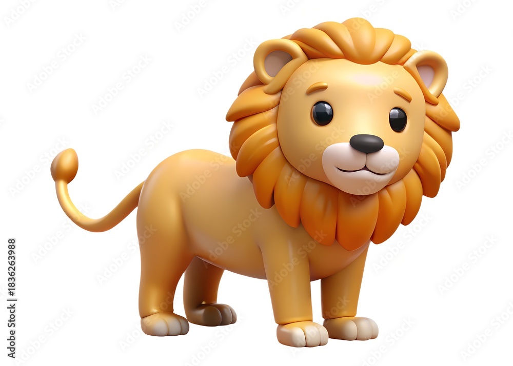 Fototapeta premium Adorable cartoon lion cub with a fluffy mane standing on a white background