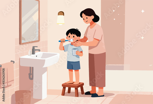 A child, on a stool in a bathroom, brushes teeth with help from an adult, mirror & sink are present