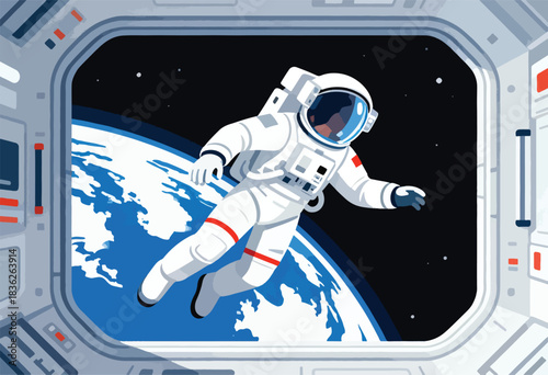 An astronaut floats outside a spacecraft window, Earth in the background, a dark sky dotted with stars