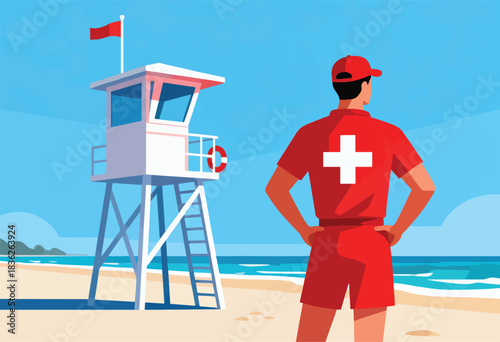 A lifeguard stands on a sandy beach, observing the ocean with a lifeguard tower in the background