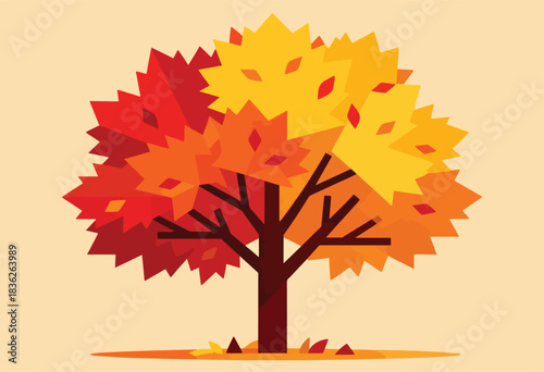 A stylized tree with autumnal leaves in red, orange, and yellow hues. Ground has fallen leaves. Background is beige