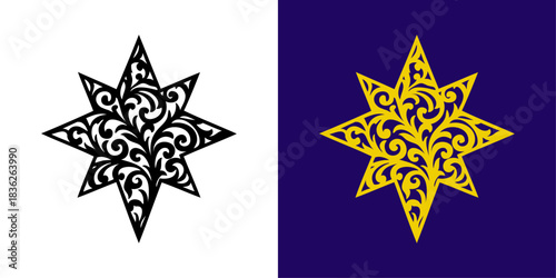 Logo de Navidad. Silueta de estrella con florituras de adorno para tarjetas y felicitaciones de Navidad	