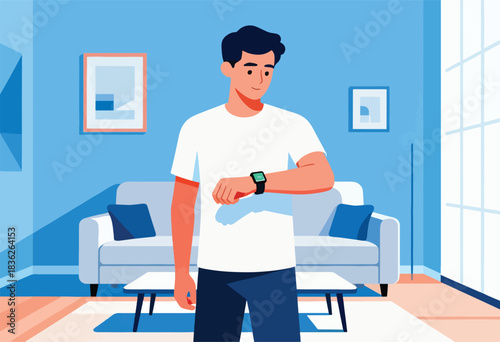 A man in a white tee checks a smart watch in a stylized room with sofa, coffee table and art