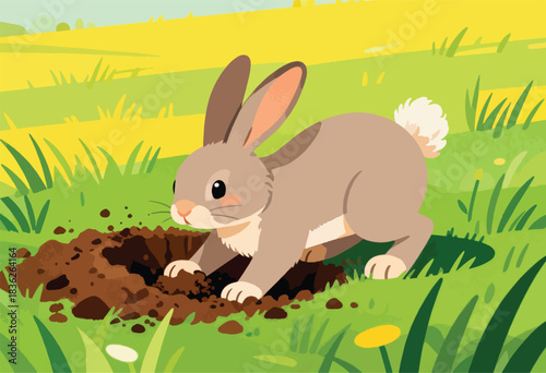 A brown rabbit digs a hole in a green grassy field, with flowers and a yellow-green background