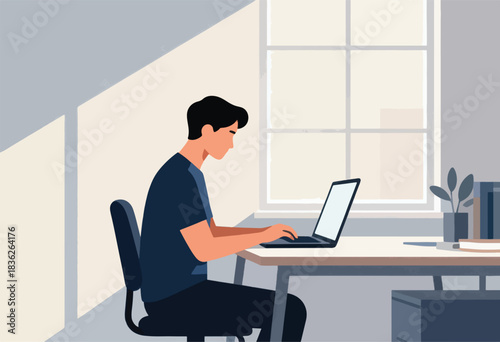 A person works on a laptop at a desk near a window. Sunlight streams in. Books and a plant sit on the table