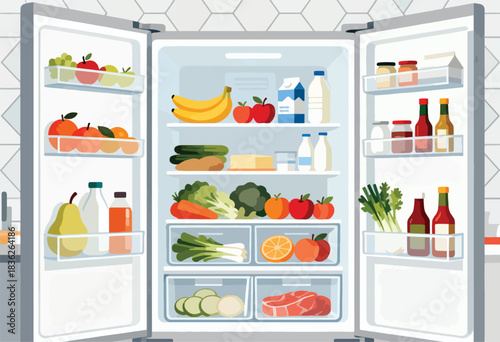 A bright illustration of a refrigerator brimming with produce, dairy, condiments, and raw meat, arranged in shelves