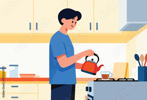 Illustration depicts a person making tea in a minimalist kitchen with cabinets and appliances