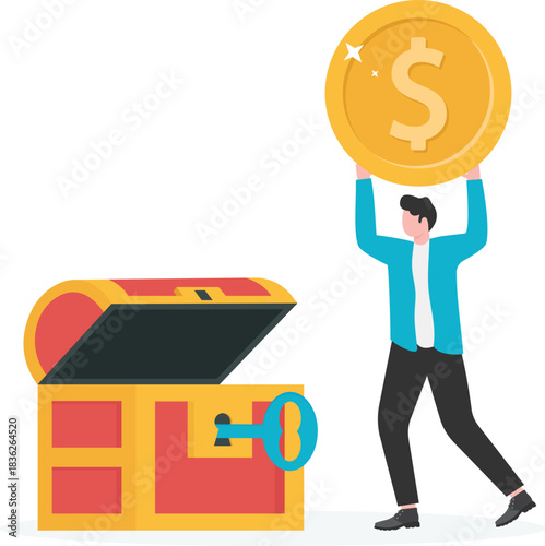 Businessmen unlock the treasure and get dollar,
