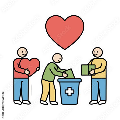 Three people contributing to a cause with a large heart symbol above them representing love and support for charity donation and volunteering efforts