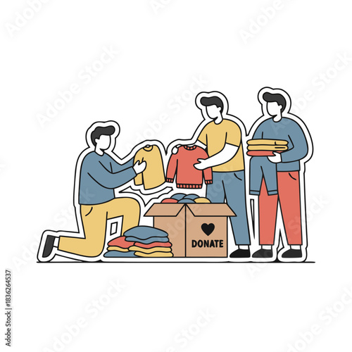Three Men Sorting Clothes For Donation Into A Cardboard Box With A Heart Symbol On It And The Word Donate Written In Front