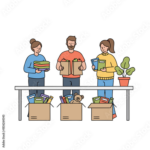 Three People Sorting Donated Items A Table With Three Cardboard Boxes Filled With Books Toys And Clothes A Group Volunteering For Charity Work