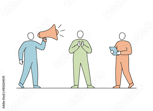 Three People In Simple Outfits One Holding Megaphone To Announce Something Another With Hands Folded And Third Holding Tablet On Black Background