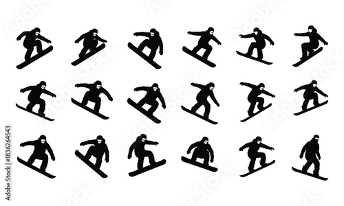 Dynamic black silhouettes of snowboarders performing various moves and turns. winter sport.