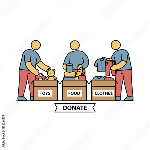 Three People Sorting Donations of Toys Food and Clothes into Boxes for Charity and Giving Back