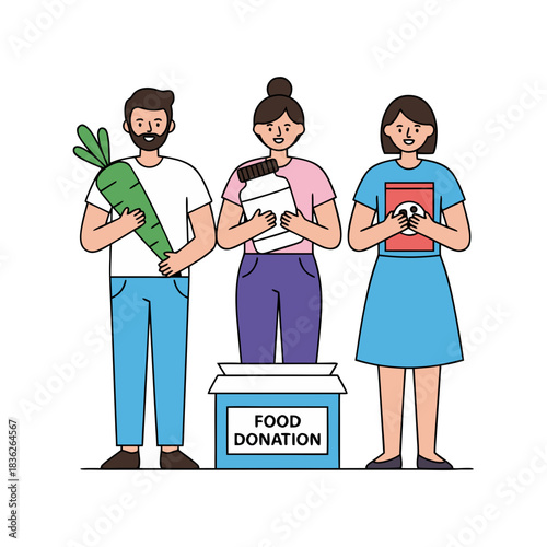 Three People Standing Behind Food Donation Box Holding Groceries and Supplies for Charity Event